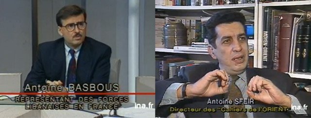 Illustration : M.Basbous 06 févr. 1990 - 02min 50s Invité en plateau Antoine BASBOUS, représentant des Forces Libanaises de Samir Geagea, à Paris. - A BASBOUS :" ce qui est vert sur cette carte (il montre la carte), cette guerre n'est pas légitime elle est lancée par Aoun il se bat contre ses alliés...Aoun c'est attaqué à tout même aux forces libanaises. Il a une grave responsabilité à l'égard des civils. On a peur que les syriens reviennent à cause du général Aoun. - Le général Aoun doit revenir à la raison. Il y a des crises à l'intérieur du camp chrétien". Source : http://www.ina.fr/histoire-et-conflits/proche-et-moyen-orient/video/CAB90006056/plateau-lefait-basbous.fr.html Illustration : M.Sfeir 17 nov. 1991 - 03min 02s Interview d'Antoine SFEIR, directeur des "Cahiers de l'Orient" Source : http://www.ina.fr/video/CAC92013139/recul-et-avancee-de-la-culture-francaise-video.html